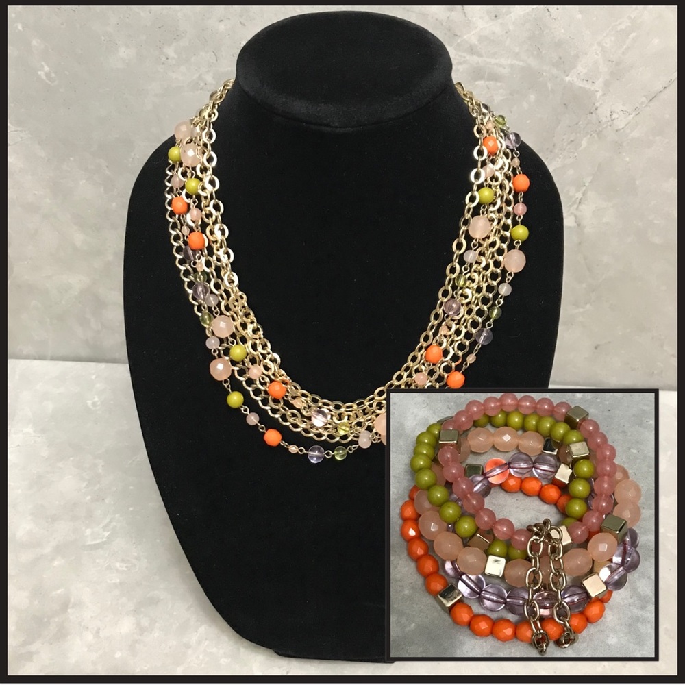 Multimedia Gold Chain/Beaded Necklace & Bracelet